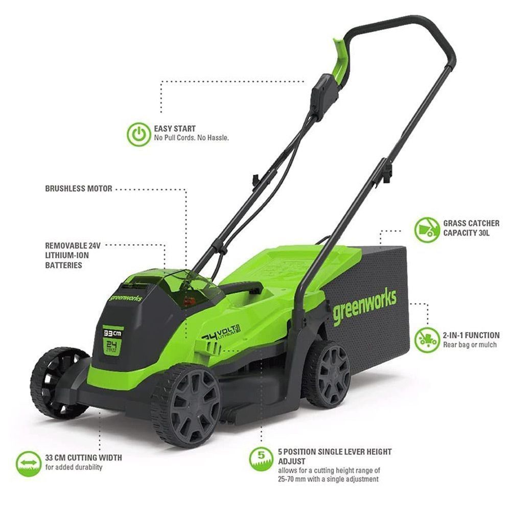 Greenworks 24V 33cm Cordless Lawnmower & 4Ah Battery