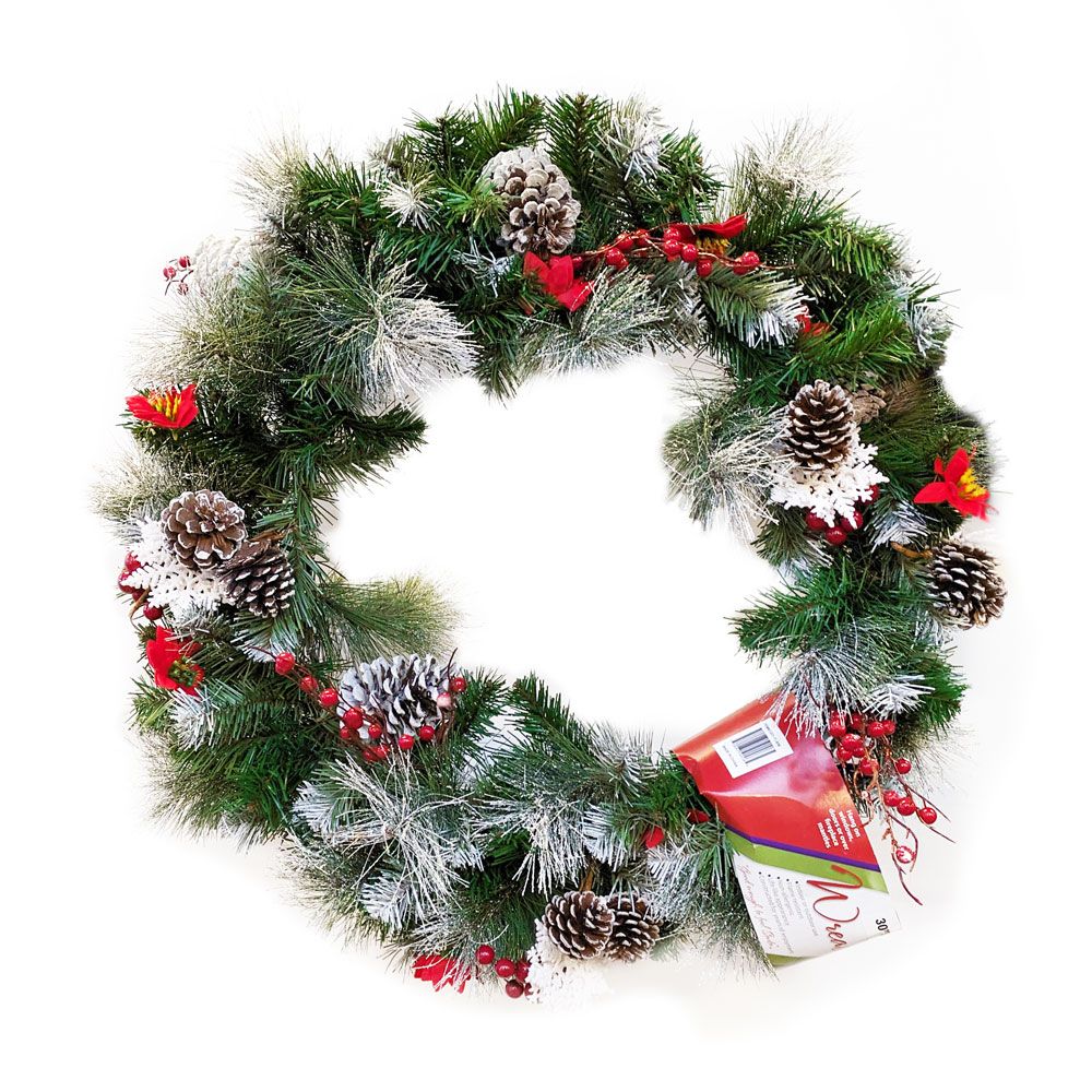 National Tree Snowy Bristle Wreath With Pine Cones - 76cm (30")