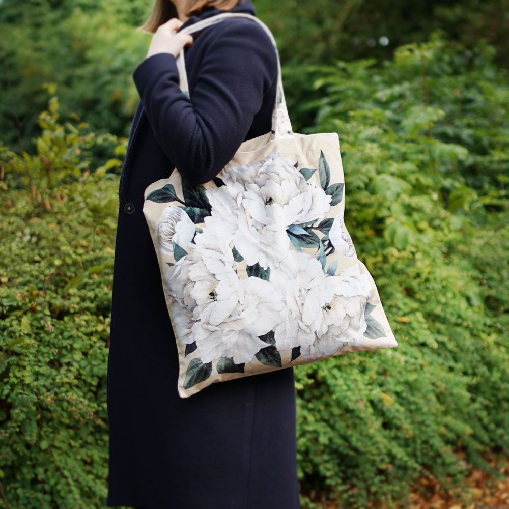 Floral White Peony Tote Bag