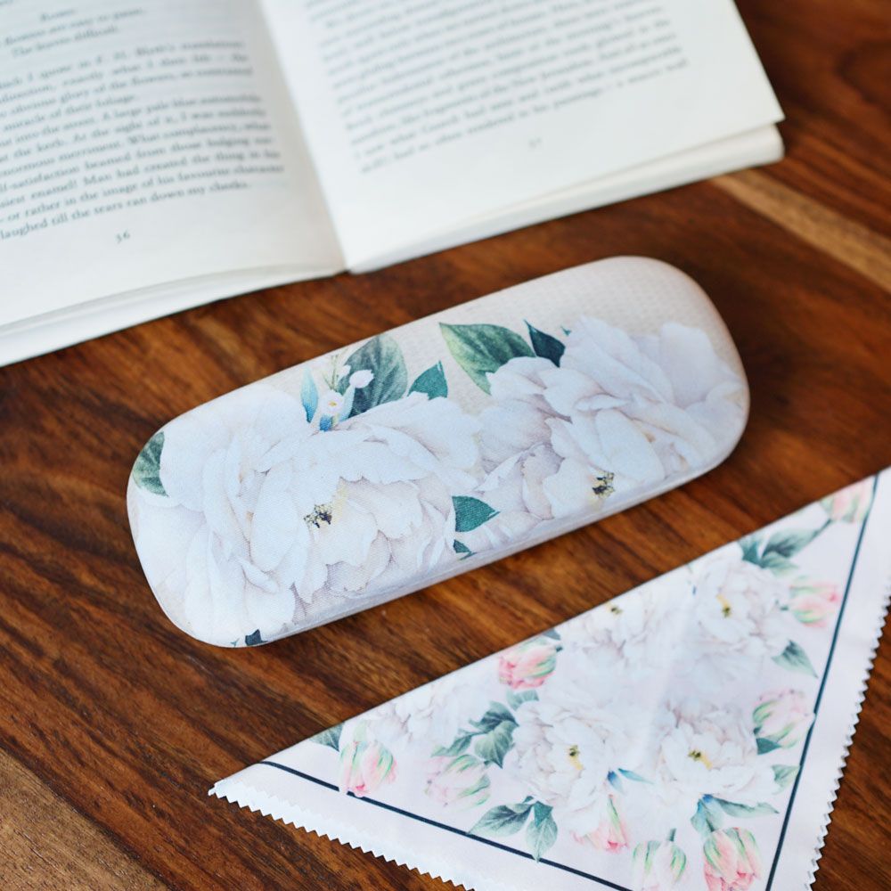 Floral White Peony Glasses Case